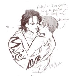 absurdres billy_coen black_hair brown_hair daggerarcadia hug greyscale highres hug monochrome mullet pale_skin rebecca_chambers resident_evil resident_evil_0 short_hair sketch tattoo teasing