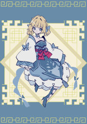Rule 34 | 1girl, blonde hair, blue choker, blue dress, blue eyes, blue footwear, blue ribbon, breasts, brown dust (series), brown dust 2, chinese clothes, choker, closed mouth, demon horns, detached sleeves, dot mouth, dress, full body, hair ribbon, high heels, highres, horns, justia (brown dust), looking at viewer, makeup, meander, medium breasts, red ribbon, ribbon, short hair, short twintails, small horns, solo, strapless, strapless dress, tn scallion, twintails, waist ribbon, white sleeves, wide sleeves