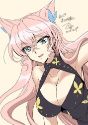 1girl bare_shoulders black_dress breasts cleavage dress green_eyes hair_ornament highres kanna_(plum) large_breasts long_hair looking_at_viewer maria_cadenzavna_eve open_mouth pink_hair senki_zesshou_symphogear solo