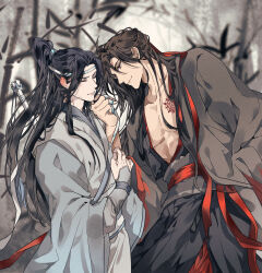 Rule 34 | 2boys, aged down, ahoge, bamboo, bamboo forest, bandages, bishounen, black eyes, black hair, black hanfu, blurry, blurry background, branded, brown hair, chinese clothes, closed eyes, closed mouth, coat, collarbone, forest, grey coat, hair down, hair ribbon, half updo, hanfu, headband, high ponytail, highres, holding, holding ribbon, lan wangji, long hair, long sleeves, looking at another, male focus, modao zushi, multiple boys, nature, official alternate costume, official alternate hairstyle, open clothes, open coat, outdoors, pectoral cleavage, pectorals, ponytail, red pupils, red ribbon, red sash, ribbon, robe, ronpu cooing, sash, sidelocks, sleeves past wrists, smile, standing, sweatdrop, sword, sword on back, sword tassel, tassel, tree, weapon, weapon on back, wei wuxian, wei wuxian (yiling laozu), white hanfu, white headband, wide sleeves, xiao guan (headdress), yaoi