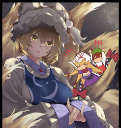 Rule 34 | 3girls, :3, :o, animal ears, animal hat, arm up, arms under breasts, arms up, backlighting, black border, blonde hair, blue tabard, border, bow, breasts, brown hair, buttons, cat ears, chen, cleavage, cleavage cutout, closed eyes, clothing cutout, commentary request, dress, elbow gloves, eyes visible through hair, fox shadow puppet, fox tail, frilled dress, frilled hat, frilled sleeves, frills, gap (touhou), gloves, grey dress, hair between eyes, hands in opposite sleeves, hat, hat ribbon, kitsune, kyuubi, large breasts, large tail, light blush, light particles, long hair, long sleeves, looking at another, looking to the side, meji aniki, mob cap, multiple girls, multiple tails, notice lines, open mouth, outstretched arm, outstretched arms, oversized clothes, parted lips, paw pose, puffy short sleeves, puffy sleeves, purple dress, raised eyebrows, red bow, ribbon, shirt, short hair, short sleeves, sketch, tabard, tail, tassel, touhou, upper body, white dress, white gloves, white hat, white shirt, wide sleeves, yakumo ran, yakumo yukari, yellow eyes, yellow tail