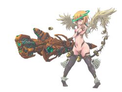 Rule 34 | 1girl, ammunition belt, angel, angel wings, bare shoulders, black thighhighs, breasts, closed mouth, feathered wings, game cg, green eyes, green halo, hair between eyes, halo, large variant set, medium hair, mon-musu quest!, mon-musu quest: paradox, navel, nervous, no shoes, orange hair, pussy juice, sandalphon (mon-musu quest!), small breasts, standing, thighhighs, variant set, wings, xelvy