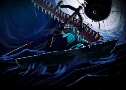 1other anchor baeloe blurry blurry_foreground boat dark holding holding_weapon hood hood_up imminent_attack limbus_company night ocean outline pixel_art project_moon raincoat scenery solo teeth very_big_eyes watercraft weapon whale white_outline