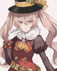 1girl ascot belt black_hat brown_eyes brown_hair closed_mouth commentary_request cross cross_earrings dolce_(rune_factory) dress earrings gloves hair_between_eyes hand_up hat highres jewelry juliet_sleeves long_hair long_sleeves looking_at_viewer orange_ascot pointy_ears puffy_sleeves rune_factory rune_factory_4 rurui_(jac7860) simple_background skull_brooch solo top_hat twintails upper_body white_gloves