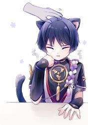 1boy animal_ears armor black_bodysuit black_hair black_kimono black_sleeves blunt_ends bodysuit cat_boy cat_ears cat_tail clenched_hand closed_eyes disembodied_hand elbow_rest eyeliner eyeshadow facing_viewer fingernails genshin_impact gold gold_trim hand_on_own_cheek hand_on_own_face hand_rest head_rest headpat japanese_armor japanese_clothes jewelry juban kimono kote kurokote layered_sleeves light_blush makeup male_focus mitsudomoe_(shape) natuo_e neck_ring open_clothes open_hand open_kimono open_mouth purple_eyes purple_rope purple_sleeves red_eyeliner red_eyeshadow red_kimono rope scaramouche_(genshin_impact) shimenawa short_sleeves single_sode solo tail tail_wagging tassel tomoe_(symbol) twitter_username white_background white_kimono white_rope white_trim wispy_bangs