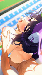 1boy 1girl ass baseball_cap black_hair blue_archive blush breasts completely_nude cum cum_overflow day ett finger_in_another&#039;s_mouth from_above grabbing_another&#039;s_breast grabbing_from_behind groping halo hat hetero highres large_breasts long_hair looking_at_viewer looking_up nipples nude open_mouth purple_halo sex solo_focus sumire_(blue_archive) sumire_(part-time)_(blue_archive) tongue tongue_out