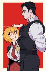 1boy 1girl :o black_coat black_eyes black_pants black_vest blonde_hair border breasts coat collared_shirt cottonwings don_quixote_(project_moon) height_difference highres large_breasts large_pectorals limbus_company long_sleeves looking_at_another meursault_(project_moon) necktie open_mouth pants pectorals project_moon red_background red_necktie shirt short_hair simple_background standing upper_body vest white_border white_shirt yellow_eyes