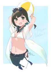 Rule 34 | 1girl, :d, absurdres, alternate costume, ball, beachball, belt, bikini, black belt, blue pants, blush, border, breasts, brown hair, commentary request, cowboy shot, cropped legs, dress shirt, eyewear on head, fubuki (kancolle), green eyes, green sailor collar, heart, heart-shaped eyewear, highres, hip vent, holding, holding ball, holding beachball, kantai collection, looking at viewer, low ponytail, ma rukan, medium hair, navel, open clothes, open mouth, open shirt, outside border, pants, ponytail, romaji text, sailor collar, see-through clothes, see-through shirt, shirt, short hair, sidelocks, small breasts, smile, solo, stomach, string bikini, sunglasses, swimsuit, white bikini, white border, white shirt