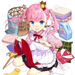 1girl akane_garnet apron aqua_eyes black_skirt blush bow bowtie crown detergent frilled_apron frills laundry_basket long_hair mini_crown open_mouth pink_hair salt_(salty) skirt socks twintails uchi_no_hime-sama_ga_ichiban_kawaii white_apron white_socks