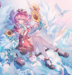 1girl absurdres aqua_eyes beret black_shoes creature dress full_body hat highres honkai:_star_rail honkai_(series) hyacine_(honkai:_star_rail) little_ica_(honkai:_star_rail) open_mouth pantyhose pink_hair red_dress red_hat sakuradani shoes smile solo teeth twintails upper_teeth_only white_pantyhose