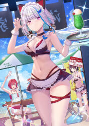 +_+ 3girls :3 :d adapted_costume alternate_costume ange_katrina animal_ears animal_hair_ornament arm_up armpits bare_arms bare_shoulders beach_house bikini blue_hair blue_sky blunt_bangs blush bowl_stack breasts brown_bikini brown_collar brown_hair brown_skirt chair cherry claw_pose cleavage closed_mouth cloud collar collarbone colored_inner_hair commentary_request cosplay cowboy_shot cross-laced_clothes cross-laced_skirt cup day dog_ears drinking_glass dutch_angle embarrassed fake_animal_ears floating_hair folding_chair food frilled_skirt frills fruit gluteal_fold hair_intakes hair_ornament heterochromia highres holding holding_sign holding_tray hurricane_glass ice_cream ice_cream_float inui_toko inui_toko_(1st_costume) inui_toko_(cosplay) kashiwagi_touko lens_flare lize_helesta long_hair looking_at_viewer low_twintails maid maid_bikini maid_headdress medium_breasts melon_soda microskirt multicolored_hair multiple_girls nail_polish name_tag navel nijisanji ocean open_mouth outdoors parasol pink_nails purple_eyes red_bikini red_eyes red_hair sanbaka_(nijisanji) shore short_hair sidelocks sign simple_bird sitting skirt sky smile solo_focus sparkle stomach streaked_hair sweatdrop swimsuit table thigh_strap translation_request tray twintails two-tone_hair umbrella unconventional_maid very_long_hair virtual_youtuber water_drop white_hair white_headdress white_wrist_cuffs wooden_chair wooden_table wrist_cuffs yellow_eyes