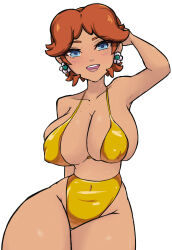 Rule 34 | 1girl, absurdres, blue eyes, breasts, brown hair, earrings, highres, jewelry, large breasts, mario (series), nintendo, princess daisy, swimsuit