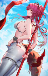 1girl ass backless_bodysuit backless_outfit bare_shoulders blue_sky bodysuit boots breasts collar commentary day earrings english_commentary from_side highres holding holding_polearm holding_weapon jewelry long_hair looking_at_viewer lupa_(wuthering_waves) mcdobo medium_breasts metal_collar outdoors parted_lips pink_hair polearm sideless_outfit sideways_glance sky smile solo tacet_mark_(wuthering_waves) tail thigh_boots weapon white_bodysuit wolf_tail wrist_guards wuthering_waves yellow_eyes
