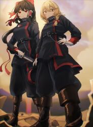 Rule 34 | 2girls, absurdres, black boots, black hat, black jacket, black pants, blonde hair, boots, bow, braid, brown hair, closed mouth, from below, gloves, hair between eyes, hair bow, hakurei reimu, hand on own hip, hat, highres, holding, holding sword, holding unworn clothes, holding unworn hat, holding weapon, jacket, karasu2020 8, katana, kirisame marisa, long hair, military uniform, multiple girls, pants, peaked cap, red bow, red eyes, sheath, sidelocks, single braid, sword, unsheathing, unworn hat, unworn headwear, weapon, white gloves, yellow eyes