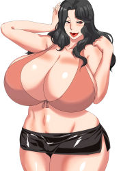 1girl black_hair black_skirt blush bra breasts cameltoe cleavage curvy female_focus groin hand_on_head highres huge_breasts lips lipstick long_hair makeup mature_female miniskirt groin parted_lips red_eyes shiny_skin simple_background skirt solo standing tamanegiya underwear upper_body white_background