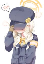 1girl absurdres aoba_(blue_archive) armband black_hat black_jacket blonde_hair blue_archive blush bow bowtie brown_gloves cabbie_hat closed_mouth commentary_request covering_own_eyes ear_blush fluffy_hair gloves halo hat hat_tug highres jacket long_hair long_sleeves orange_armband orange_bow orange_bowtie orange_halo simple_background solo spoken_blush upper_body white_background yoowaru