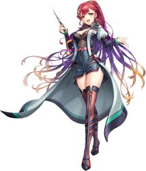 1girl artist_request belt blonde_hair braid breasts cleavage earrings full_body game_cg hair_ornament highres holding id_card jewelry long_sleeves multicolored_hair official_art open_mouth purple_hair red_hair satil_(unitia) solo source_request thighs third-party_source transparent_background unitia yellow_eyes