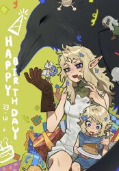 2boys 5girls aged_down bags_under_eyes bare_shoulders bird black_bird blonde_hair cake cake_slice child cithis confetti crow dark-skinned_female dark_skin dated dungeon_meshi eating elf english_text fleki flower food fork gift gorget green_background grey_hair hair_flower hair_ornament happy_birthday highres holding holding_fork in_palm long_hair lycion mini_person miniboy minigirl mithrun multiple_boys multiple_girls notched_ear nova_1810 otta_(dungeon_meshi) pattadol pointy_ears purple_eyes short_hair sitting sitting_on_lap sitting_on_person time_paradox tunic yellow_eyes