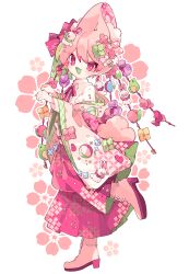 1boy absurdres animal_ear_fluff animal_ears blush boots bright_pupils center_frills colored_tongue commentary dated_commentary eyes_visible_through_hair fang flower frills full_body green_tongue hair_flower hair_ornament hair_ribbon hakama hakama_skirt high_heel_boots high_heels highres japanese_clothes leg_up male_focus neck_ribbon open_mouth original outline ozureiji pink_boots pink_eyes pink_hakama pink_ribbon rabbit_ears rabbit_hair_ornament ribbon shirt short_hair skin_fang skirt smile solo symbol-only_commentary trap white_outline white_pupils white_shirt wide_sleeves yagasuri