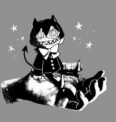 1girl bow bowtie coat demon_girl demon_horns demon_tail disembodied_hand full_body greyscale highres horns in_palm looking_at_viewer mini_person minigirl momomo_906 monochrome original short_hair sitting solo tail