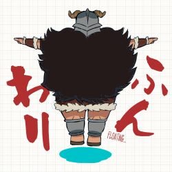 1boy dungeon_meshi dwarf english_text facing_away fake_horns fluffy from_behind full_body helmet highres horned_helmet horns ichikawa_kazuhide long_hair magic male_focus midair outstretched_arms senshi_(dungeon_meshi) solo spread_arms translation_request very_long_hair
