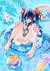 1girl absurdres barefoot black_one-piece_swimsuit blue_hair breasts closed_mouth full_body highres innertube long_hair medium_breasts nail_polish nipples one-piece_swimsuit original pussy sitting smile solo swim_ring swimsuit toenail_polish toenails toes uncensored yeougui