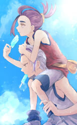 2boys absurdres blue_socks carrying closed_mouth cloud commentary creatures_(company) day drayton_(pokemon) eating food game_freak highres hot kieran_(pokemon) knees knoerakgk31 male_focus mole mole_on_neck mouth_hold multiple_boys nintendo outdoors pokemon pokemon_sv popsicle red_shirt shirt shoes shorts shoulder_carry sky sleeveless sleeveless_shirt socks sweat symbol-only_commentary yellow_eyes