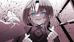 blue_eyes clenched_hand collared_shirt crack cracked_wall highres hiodoshi_ao hiodoshi_ao_(1st_costume) hololive hololive_dev_is hololive_indonesia jacket jewelry mole mole_under_mouth moona_hoshinova multiple_girls necklace nervous_sweating shirt short_hair sweat taka_t virtual_youtuber