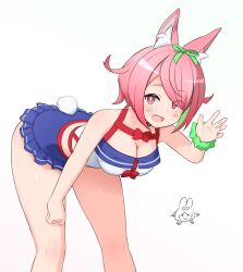 1girl :d animal_ear_fluff animal_ears arm_support azuchi_momo azuchi_momo_(1st_costume) bare_arms bare_legs bare_shoulders bent_over bow breasts cleavage fang feet_out_of_frame flipped_hair frills green_hair green_ribbon green_scrunchie hair_over_one_eye hair_ribbon hand_on_own_leg hand_up large_breasts light_blush looking_at_viewer multicolored_hair nijisanji open_mouth pink_eyes pink_hair rabbit_tail red_bow ria_aerial ribbon scrunchie short_hair simple_background skin_fang sleeveless smile solo standing star-shaped_pupils star_(symbol) streaked_hair symbol-shaped_pupils virtual_youtuber waving white_background wrist_scrunchie yellow_pupils