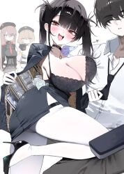 Rule 34 | 1girl, amu1207, anis (nikke), ass, black bra, black choker, black hair, bra, breasts, choker, commander (nikke), goddess of victory: nikke, high heels, highres, jacket, large breasts, leg up, long hair, looking at viewer, open clothes, open jacket, panties, pantyhose, rapi (nikke), red eyes, shirt, skirt, smile, solo, sora (nikke), twintails, underwear, white background, white pantyhose
