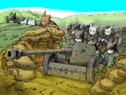 6+boys 7.5_cm_pak_40 artillery black_coat cannon coat combat_helmet commentary_request green_coat gun hedge helmet highres holding holding_gun holding_weapon looking_at_viewer machine_gun mg42 mud multiple_boys original over_shoulder sandbag stahlhelm taking_cover trench trench_coat weapon weapon_over_shoulder wheel wooden_wall yabarn
