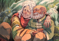 2boys ^_^ alternate_costume ameliecausse aries_shion bald beard casual chinese_clothes closed_eyes facial_hair green_jacket grin highres hikimayu jacket libra_douko long_hair low_ponytail multiple_boys old old_man on_ground outdoors ponytail red_scarf saint_seiya scarf sitting smile tangzhuang tibetan_clothes white_hair