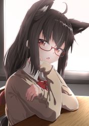 1girl absurdres ahoge alternate_costume animal_ears backlighting black_hair borumete bow bowtie cardigan classroom collared_shirt commentary_request crossed_arms desk eyelashes fang female_focus fox_ears highres hololive indoors kurokami_fubuki long_hair looking_at_viewer open_mouth red-framed_eyewear red_bow red_bowtie red_eyes school_desk semi-rimless_eyewear shirt sitting solo sunlight virtual_youtuber white_shirt window wing_collar