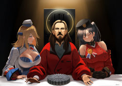 1boy 2girls beret black_gloves black_hair black_headwear blonde_hair blue_headwear blush breasts brown_hair chauchat_(girls&#039;_frontline) cleavage_cutout closed_eyes clothing_cutout crossover detached_sleeves dress drum_magazine facial_hair forgotten_weapons girls&#039;_frontline gloves goatee griffin_&amp;_kryuger_military_uniform hair_ornament hairclip hat high-capacity_magazine highres ian_mccollum jacket kion-kun large_breasts lewis_(girls&#039;_frontline) long_hair long_sleeves long_table looking_at_viewer magazine_(weapon) medium_hair multicolored_clothes multiple_girls pan_magazine purple_eyes real_life red_dress red_jacket sitting table two-tone_headwear two_side_up white_headwear white_jacket