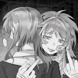 2girls bandage_on_face bandaged_hand bandages bandaid bandaid_on_face bang_dream! bang_dream!_it&#039;s_mygo!!!!! chihaya_anon chinese_commentary collar collared_shirt commentary_request commission greyscale highres jacket lanserongjie long_hair middle_finger monochrome multiple_girls nagasaki_soyo open_mouth second-party_source shirt tongue tongue_out