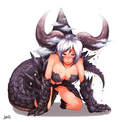 1girl all_fours behemoth blush breasts cleavage cloud demon_girl dragon_girl female_focus giant giantess highres horns jmg large_breasts long_hair monster_girl orange_eyes original silver_hair solo sweatdrop tail