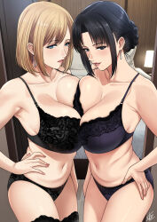 2girls bed bedroom black_bra black_eyes black_hair blonde_hair blue_eyes bra breasts earrings hair_bun highres jewelry large_breasts lingerie lipstick looking_to_the_side makeup mature_female multiple_girls nail_polish nush_(xter) original panties pantyhose short_hair smile standing thighs underwear xter