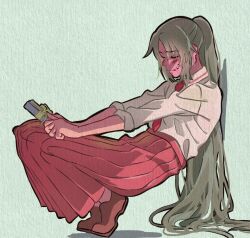 1girl against_wall artist_request bad_id bad_twitter_id blush box brown_shoes closed_eyes closed_mouth collared_shirt full_body gift gift_box green_background green_hair higurashi_no_naku_koro_ni holding holding_gift long_hair long_skirt necktie ponytail red_necktie red_skirt school_uniform shade shirt shoes simple_background skirt sleeves_rolled_up solo sonozaki_shion sweat three-quarter_sleeves tiptoes very_long_hair white_shirt