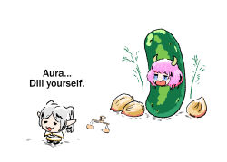 2girls :3 =_= aura_(sousou_no_frieren) balance_scale capelet chibi chibi_only commentary crying demon_girl demon_horns dress duckmeat_woohoo elf english_commentary english_text frieren full_body garlic grey_hair highres horns multiple_girls parted_bangs pickle pointy_ears purple_hair simple_background sousou_no_frieren twintails variant_set weighing_scale white_background white_capelet white_dress