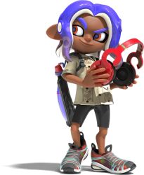 1boy 3d bike_shorts blue_hair dark_skin full_body gradient_hair guayabera headphones hirooooo_(splatoon) holding holding_headphones ink_tank_(splatoon) inkling looking_to_the_side medium_hair multicolored_hair nintendo octoling_boy octoling_player_character official_art open_mouth orange_eyes raised_eyebrow shoes short_sleeves sidelocks sneakers solo splatoon_(series) splatoon_3 spotted_hair standing suction_cups tentacle_hair thick_eyebrows transparent_background two-tone_hair v-shaped_eyebrows