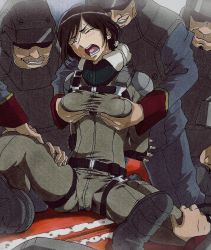 Rule 34 | 10s, 1girl, 5boys, aldnoah.zero, amifumi inko, arms behind back, blush, brown hair, closed eyes, grabbing another&#039;s breast, grin, groping, group sex, helmet, imminent rape, leg grab, lostunicorn, military, military uniform, multigrope, multiple boys, open mouth, restrained, screaming, short hair, smile, spread legs, sweat, tears, thigh grab