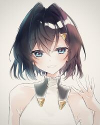 Rule 34 | 1girl, alternate hair color, ange katrina, ange katrina (1st costume), armpit crease, ayuko ammobium, bare shoulders, black hair, blue eyes, blush, collarbone, commentary request, grey background, grin, hair between eyes, hair intakes, hair ornament, halterneck, hand up, highres, lips, looking at viewer, medium hair, nijisanji, portrait, simple background, smile, solo, straight-on, triangle hair ornament, virtual youtuber