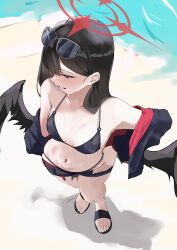 1girl absurdres beach belt bikini bikini_under_shorts black_bikini black_hair black_jacket black_sandals black_shorts black_wings blue_archive blue_eyes blush breasts commentary cross_halo eyewear_on_head feathered_wings from_above full_body halo hand_on_own_hip highres ichika_(blue_archive) ichika_(swimsuit)_(blue_archive) jacket long_hair looking_down low_wings medium_breasts multicolored_jacket navel o-ring o-ring_bikini off_shoulder official_alternate_costume open_clothes open_fly open_jacket open_shorts parted_lips red_belt red_halo red_jacket s4ika sandals short_shorts shorts sideways_mouth solo standing sunglasses sweat swimsuit two-tone_jacket wings