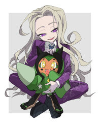1boy :d absurdres ahoge black_shoes blonde_hair border collared_shirt commentary_request crossover fangs formal_clothes grey_background grey_hair highres jacket long_hair looking_at_another looking_at_viewer makoto_kagutsuchi master_detective_archives:_rain_code murasaki_(deceive138) nintendo no_mask ogerpon ogerpon_(teal_mask) open_mouth outside_border pants pokemon pokemon_(creature) purple_eyes purple_jacket purple_pants purple_suit shirt shoes simple_background smile spoilers suit white_border white_shirt