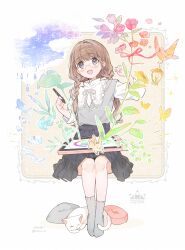 1girl :d artist_name bird black_skirt blue_eyes braid brown_hair cat chipochopo324 commentary_request copyright_name dot_nose drawing_tablet fish flower full_body grey_socks grey_vest hands_up highres holding holding_drawing_tablet holding_pen huion invisible_chair long_hair looking_at_viewer low_twin_braids miniskirt neck_ribbon no_shoes open_mouth original pen pleated_skirt ribbon shirt sitting skirt smile socks solo three-quarter_sleeves twin_braids twitter_username vest water_drop white_cat white_ribbon white_shirt