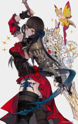 1girl armor artist_name au_ra black_hair bodice boots detached_sleeves dragon_girl dragon_horns dragon_tail dress final_fantasy final_fantasy_xiv fingerless_gloves gloves greatsword highres holding holding_behind_back holding_sword holding_sword_behind_back holding_weapon holding_weapon_behind_back horns kemomin_nosuke looking_at_viewer pauldrons red_dress red_eyes scales selene_(ff14) shoulder_armor single_detached_sleeve single_pauldron single_vambrace sword tail thigh_boots vambraces warrior_of_light_(ff14) weapon