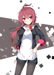 1girl :&lt; ahoge black_jacket black_pantyhose black_shorts blush breasts closed_mouth commentary_request female_focus fuyou-chan hair_between_eyes hand_on_own_hip head_tilt jacket long_hair long_sleeves low_ponytail milkpanda open_clothes open_jacket original pantyhose ponytail red_eyes red_hair shirt short_shorts shorts sidelocks small_breasts solo very_long_hair white_shirt