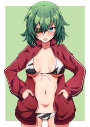 1girl bell_shireikan bikini bikini_under_clothes blue_eyes breasts eyepatch green_hair hair_between_eyes hands_in_pockets highres jacket kantai_collection kiso_(kancolle) kiso_(saury_festival)_(kancolle) kiso_kai_ni_(kancolle) kiso_kai_ni_(swimsuit)_(kancolle) looking_at_viewer medium_breasts medium_hair navel official_alternate_costume open_clothes open_jacket red_jacket short_hair solo swimsuit track_jacket