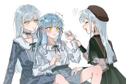 3girls absurdres bang_dream! bang_dream!_it&#039;s_mygo!!!!! beret black_capelet black_choker black_ribbon black_skirt blue_dress blue_hair blush capelet choker closed_eyes commentary dress dual_persona earrings frilled_choker frills grey_skirt hair_ribbon hat highres holding_another&#039;s_wrist inumi_(780956) jewelry long_hair mortis_(bang_dream!) mortis_(costume)_(bang_dream!) mortis_(persona)_(bang_dream!) multiple_girls neck_ribbon open_mouth plaid_clothes plaid_dress red_hat ribbon shirt sidelocks simple_background skirt teeth togawa_sakiko unmoving_pattern upper_teeth_only wakaba_mutsumi white_background white_shirt yellow_eyes yuri
