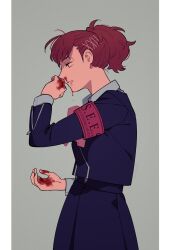 1girl arm_up armband black_jacket blood blood_on_face blood_on_hands bow bowtie gekkoukan_high_school_uniform hair_ornament hairclip half-closed_eyes hand_up highres ine_(goin) jacket lowered_eyelids nosebleed open_mouth persona persona_3 persona_3_portable ponytail red_armband red_bow red_bowtie red_hair red_pupils school_uniform shiomi_kotone skirt